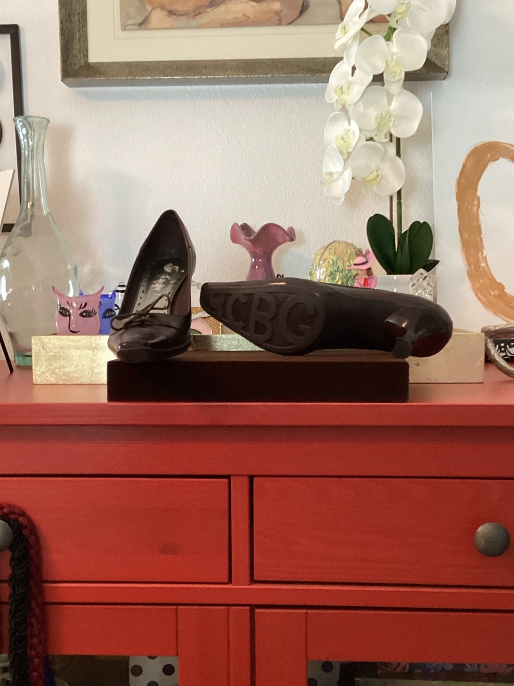 BCBG Dark Brown Leather Square Pointed-Toe Pumps - Picture 3 of 8